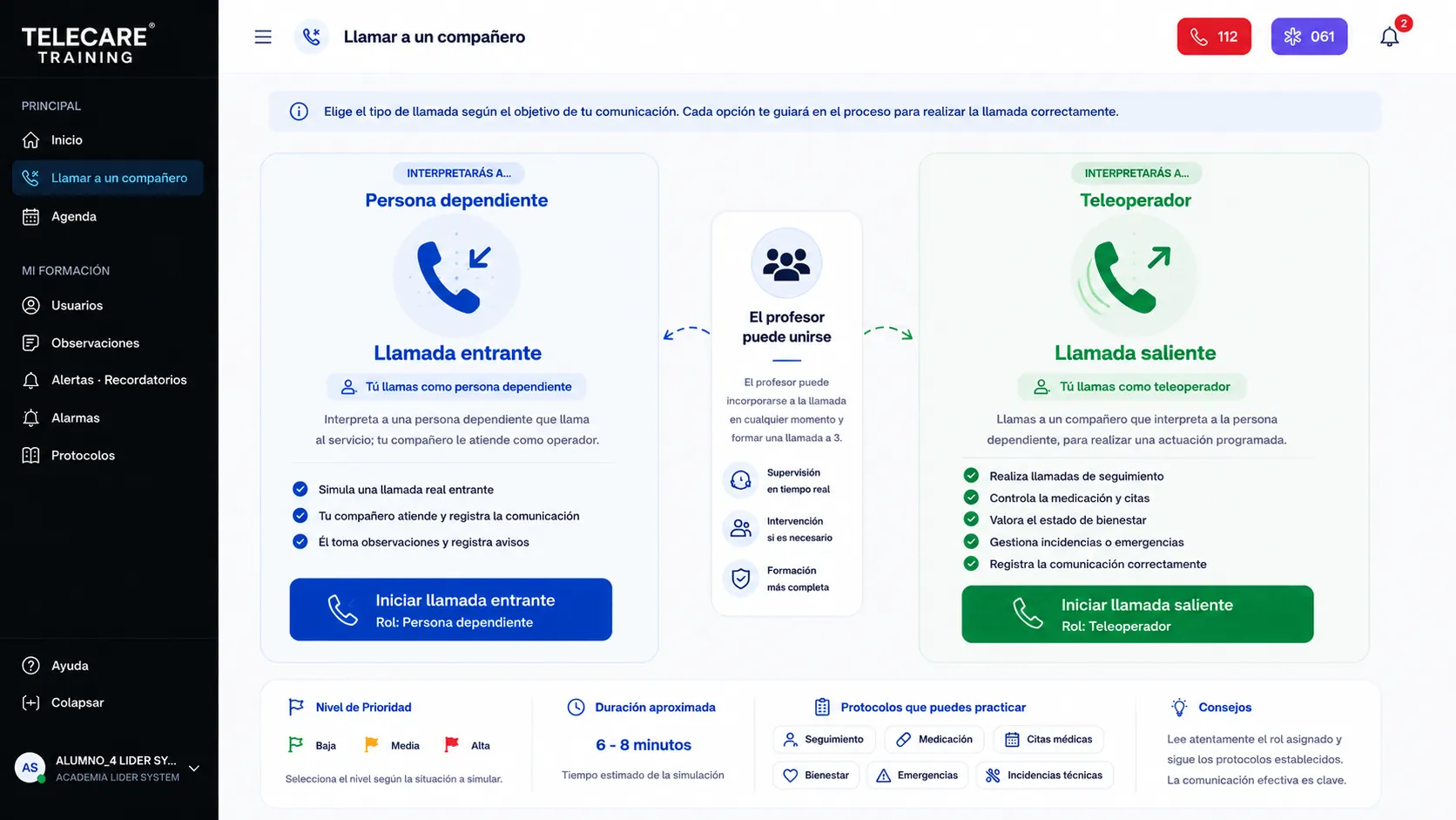 Llamada entre alumnos menú
